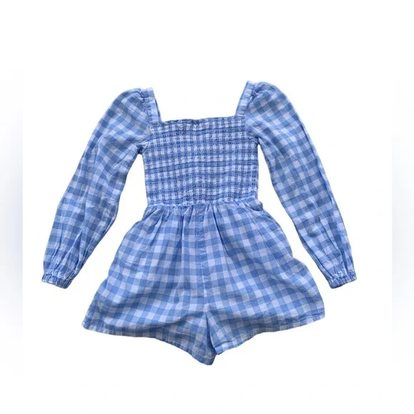 Janie and Jack Size 5 The Emma Gingham Smocked Romper Blue White Plaid One Piece - Picture 2 of 10
